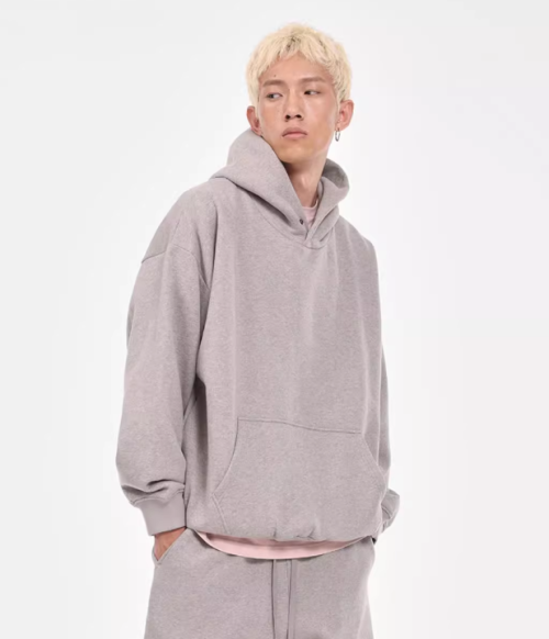 Flock-Print Pullover Hoodie Solid Color Urban Style With Kangroo Pocket