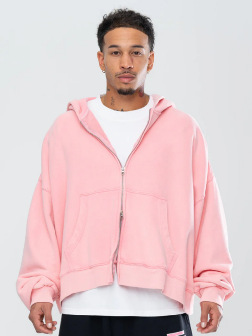 Classic Double Zip Hoodie Distressed Washed Pink Hoodie