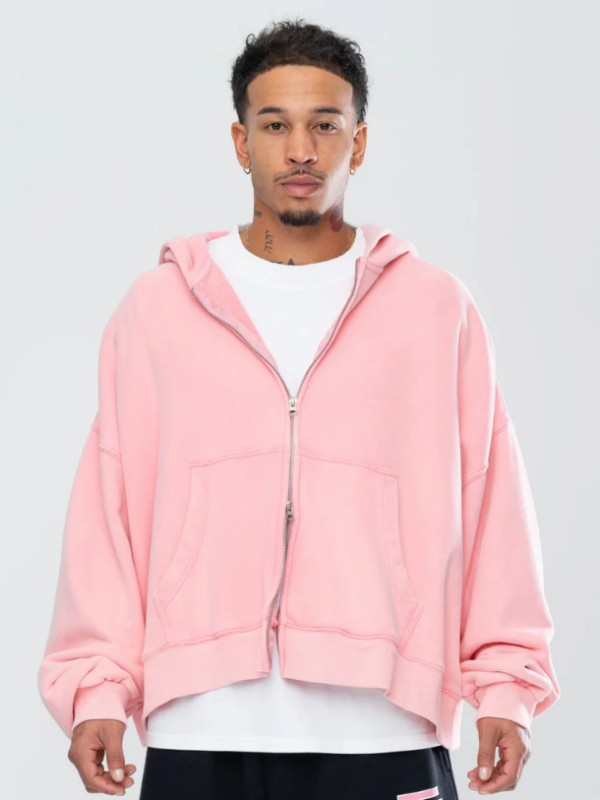 Classic Double Zip Hoodie Distressed Washed Pink Hoodie