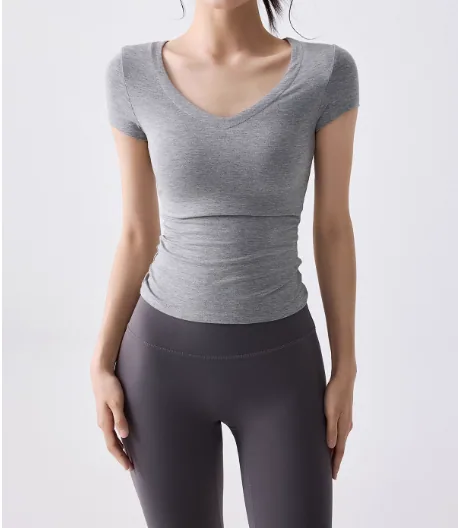 45-4 Camiseta de manga corta para mujer de la oficina al gimnasio con rendimiento de secado rápido para un entrenamiento sin costuras