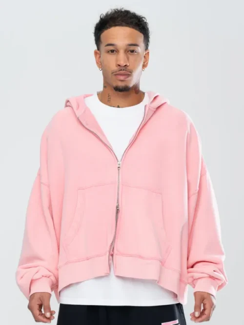 Sudadera con capucha clásica con doble cremallera Sudadera con capucha rosa lavada desgastada
